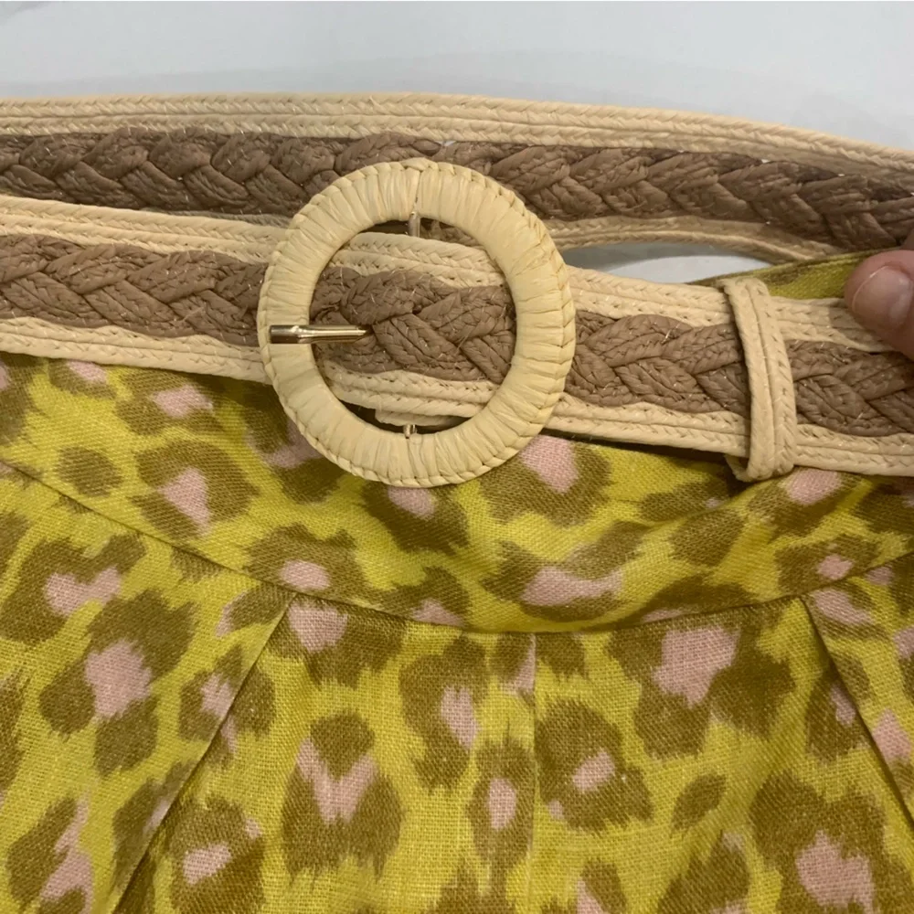 ZIMMERMANN Shorts women Sz 0 Lemon Leopard Carnaby Belted Linen Pleated Pockets